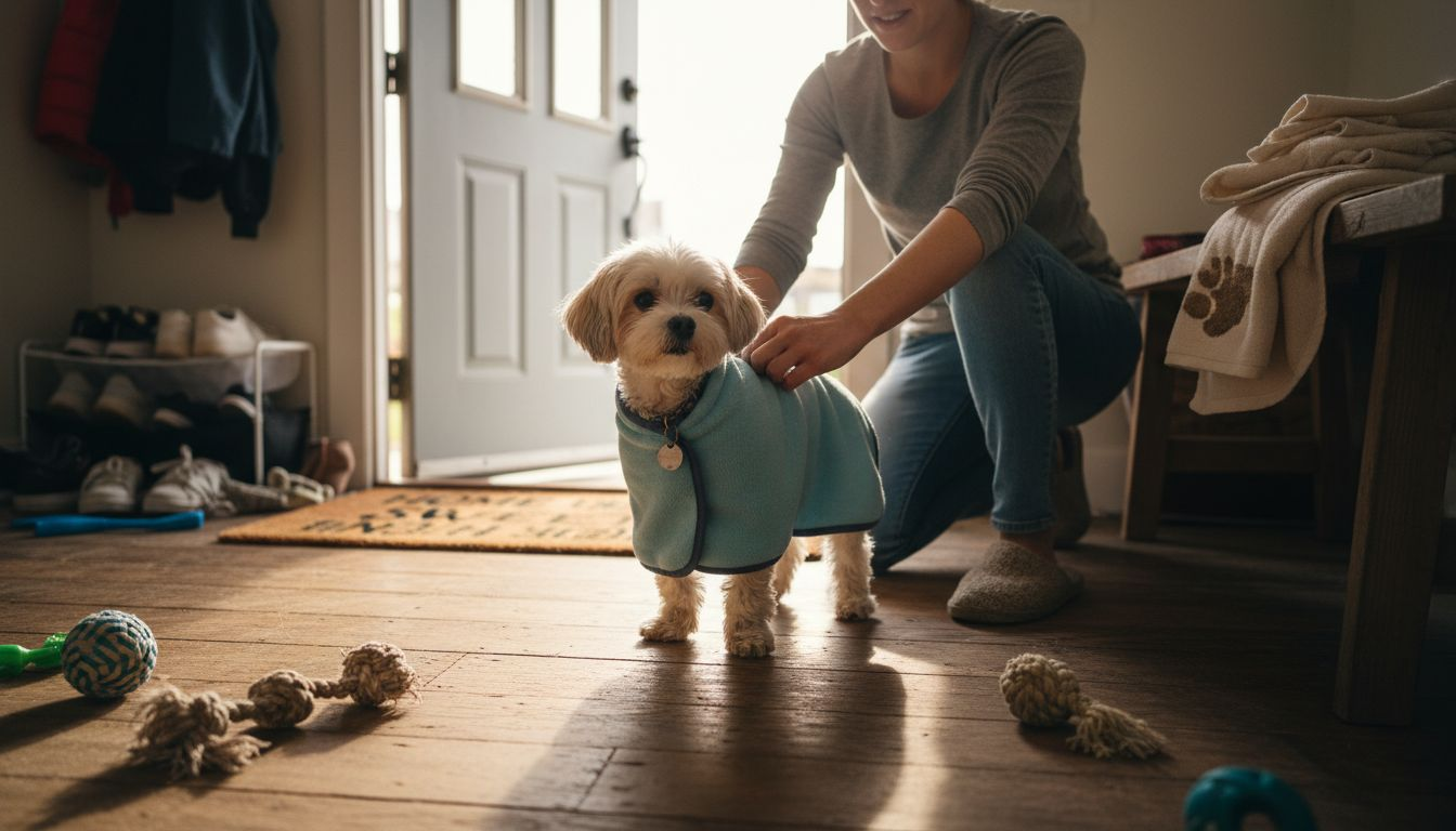 Maltese dog in microfiber drying coat