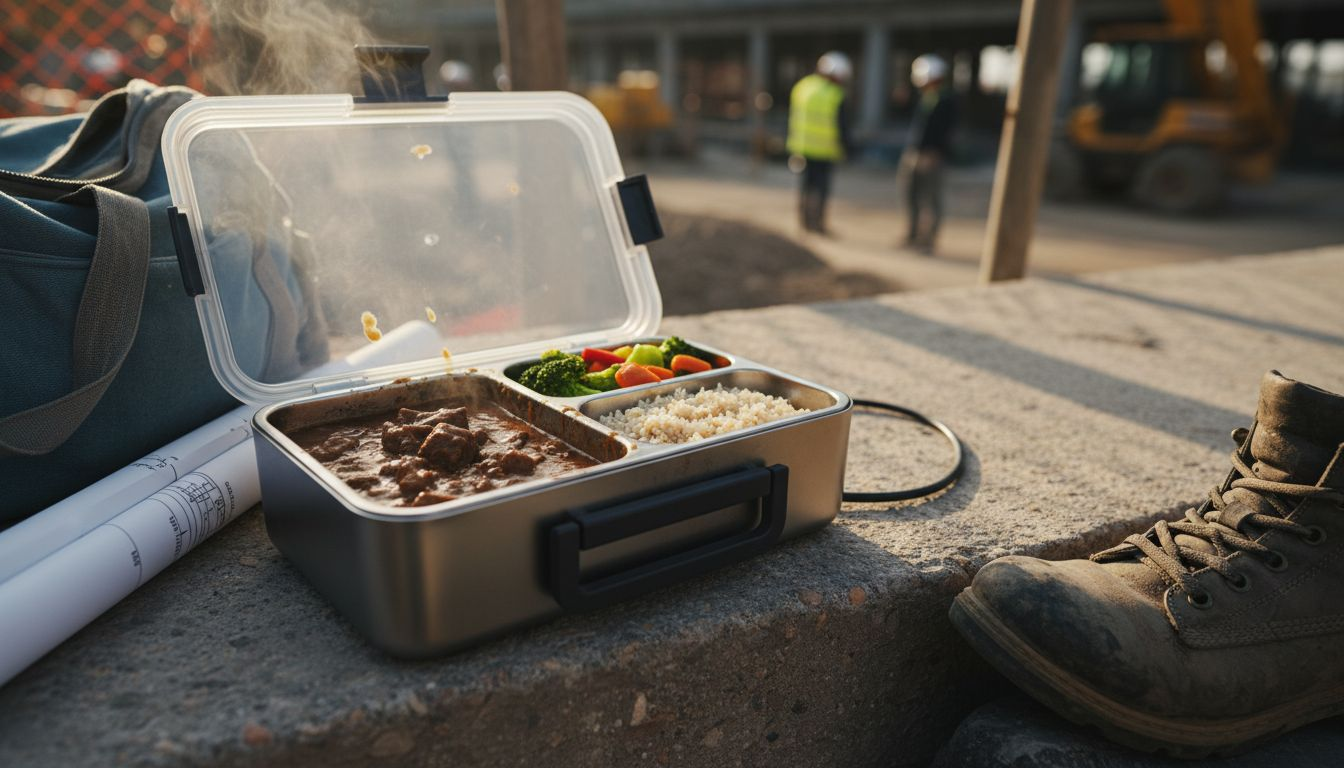 Open electric lunch box with hearty meal on site