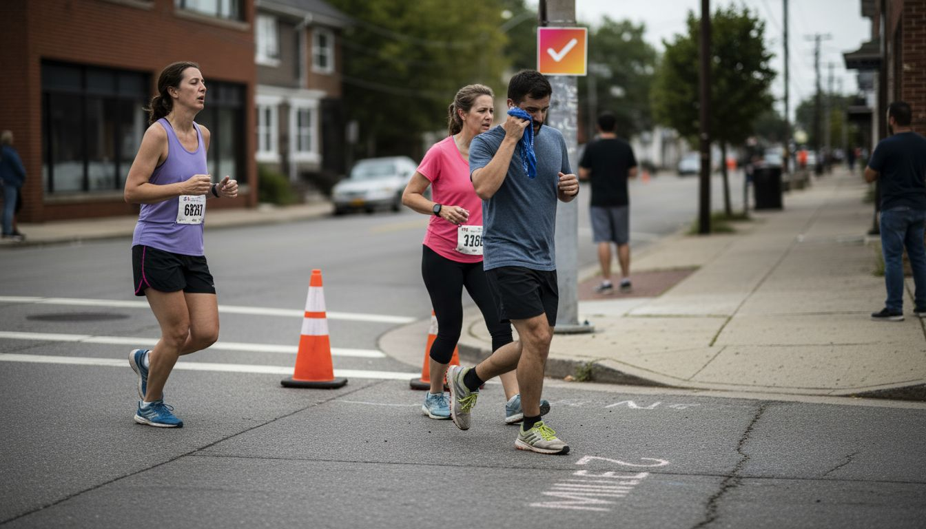 Novice runners showing visible mid-race fatigue