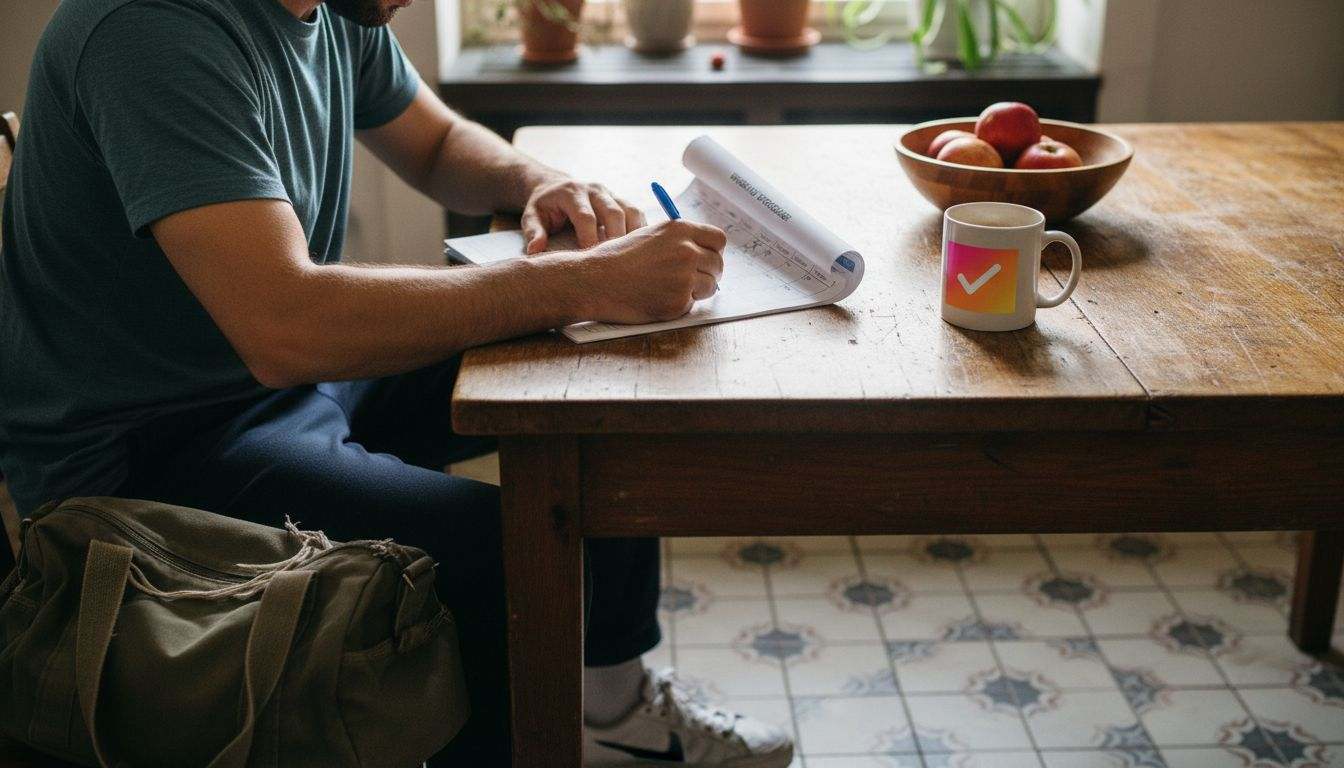 Man updating workout calendar at table