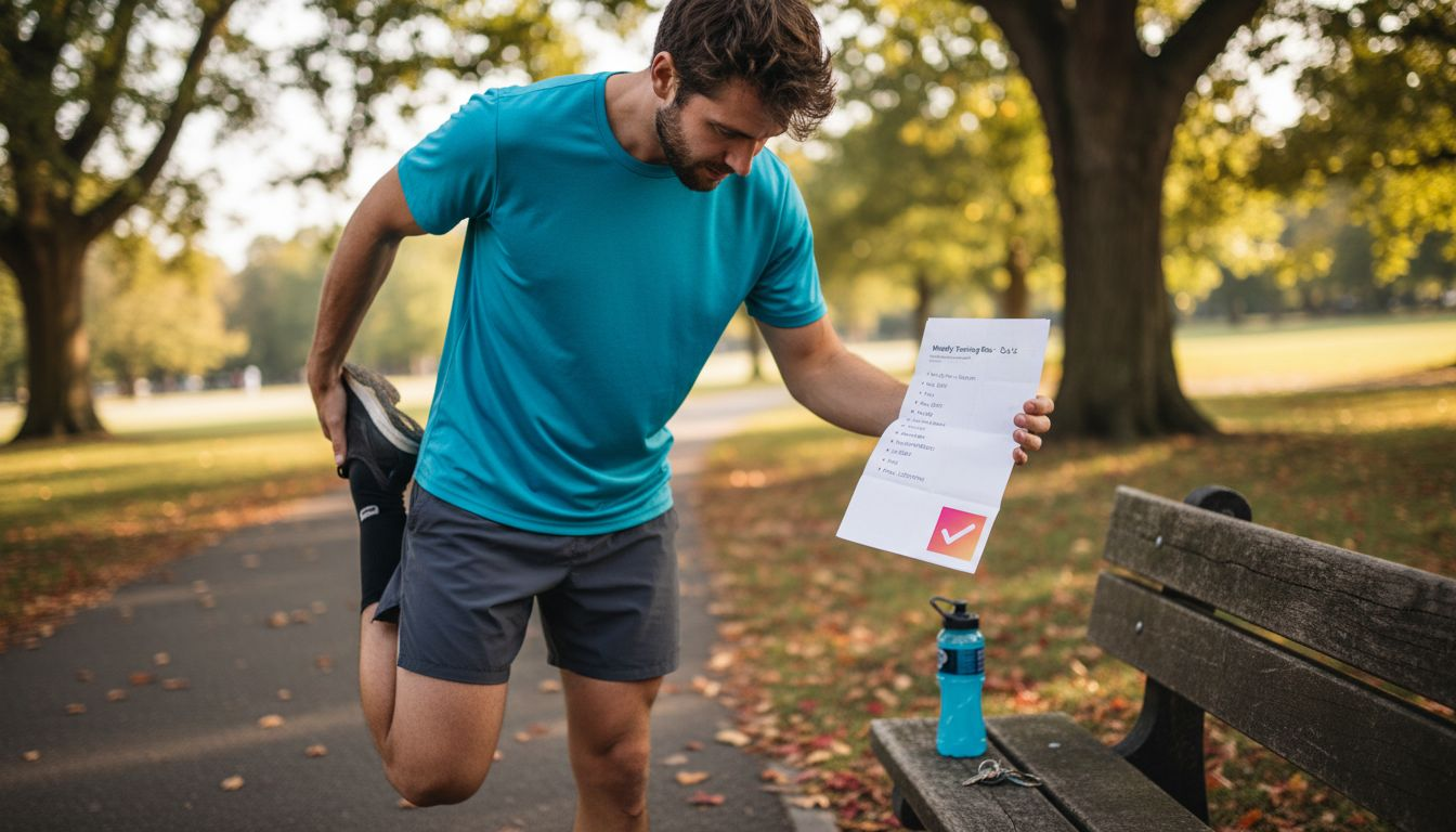 Runner stretching and checking a paper training plan