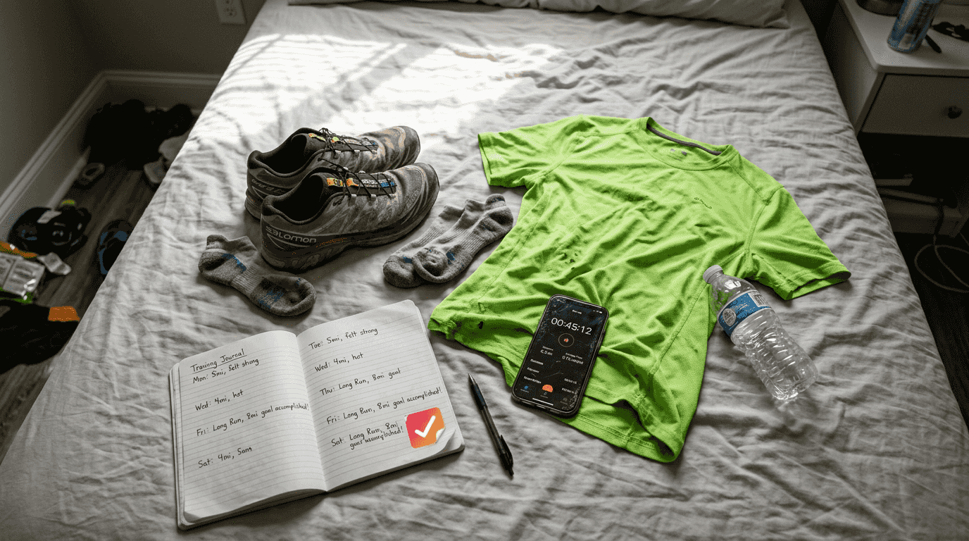 Essential running gear on unmade bed