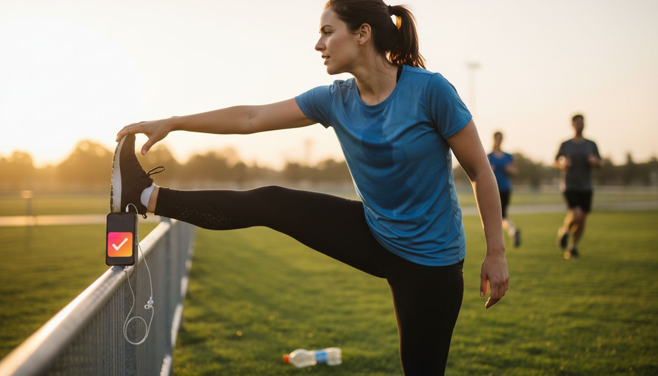 Runner stretching on fence after run