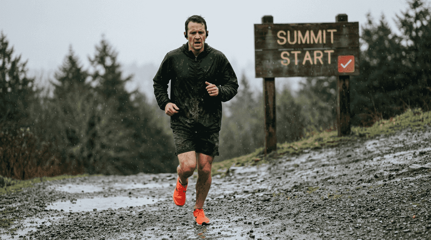 Runner training uphill in rainy weather