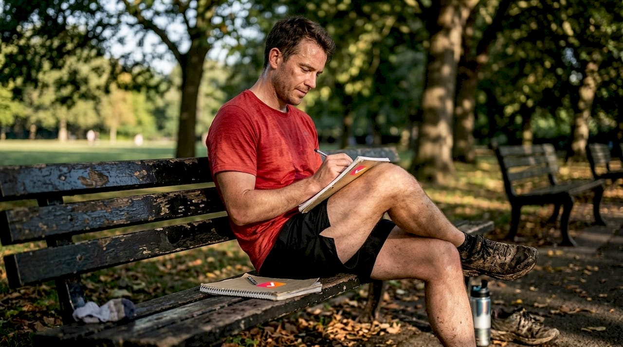 Runner writing in notebook after training session
