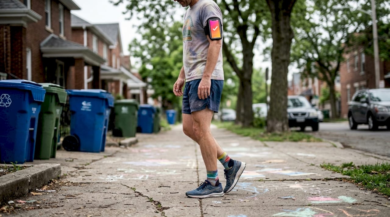 Runner warming up on suburban sidewalk
