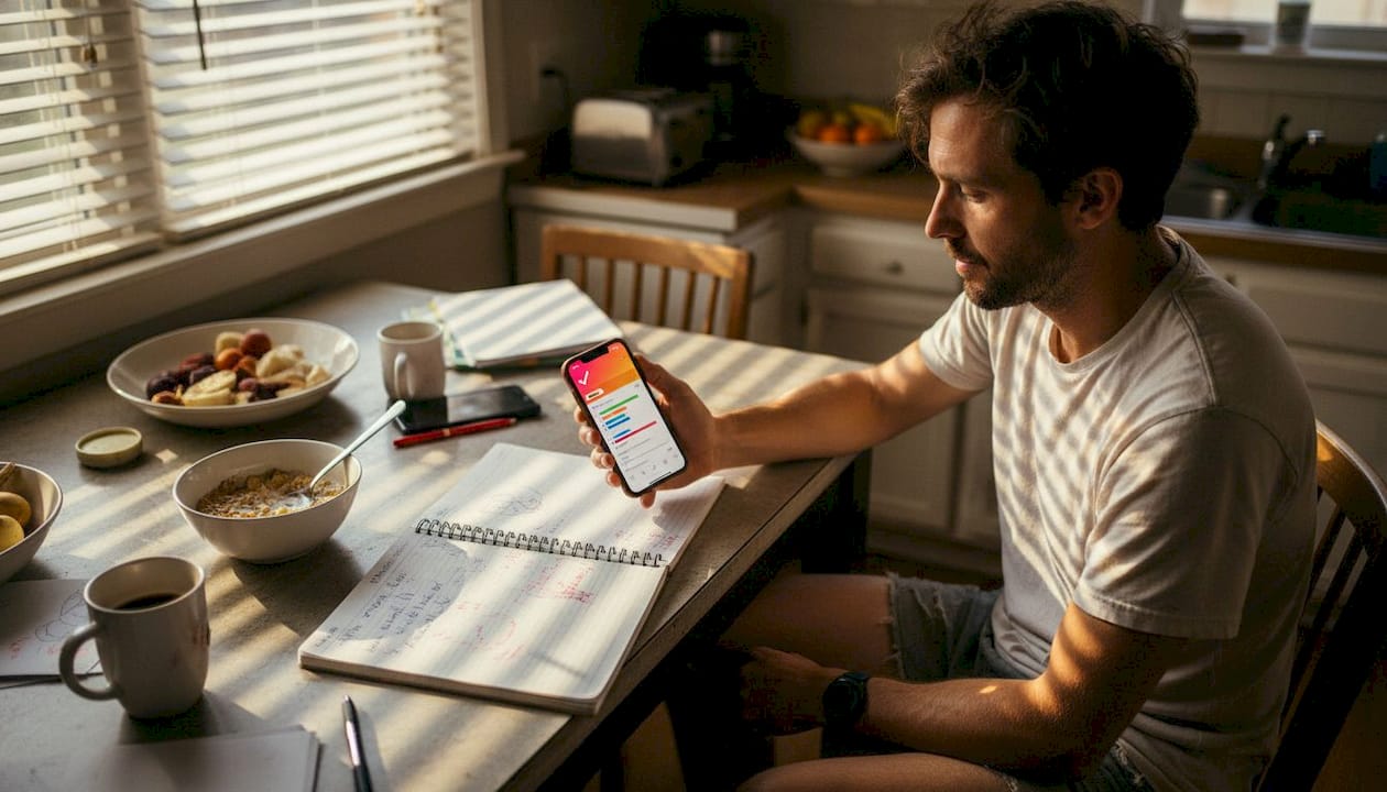 Runner tracking progress on app at kitchen table