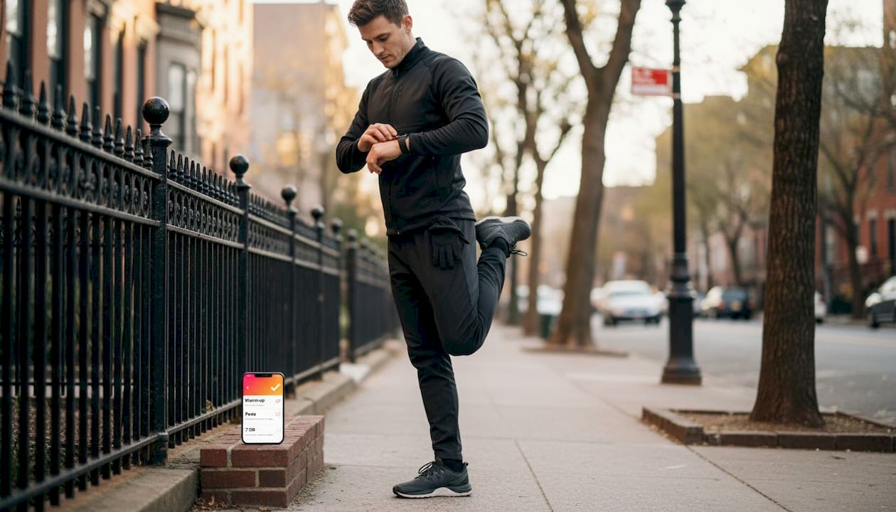 Runner stretching with smartwatch and workout notes