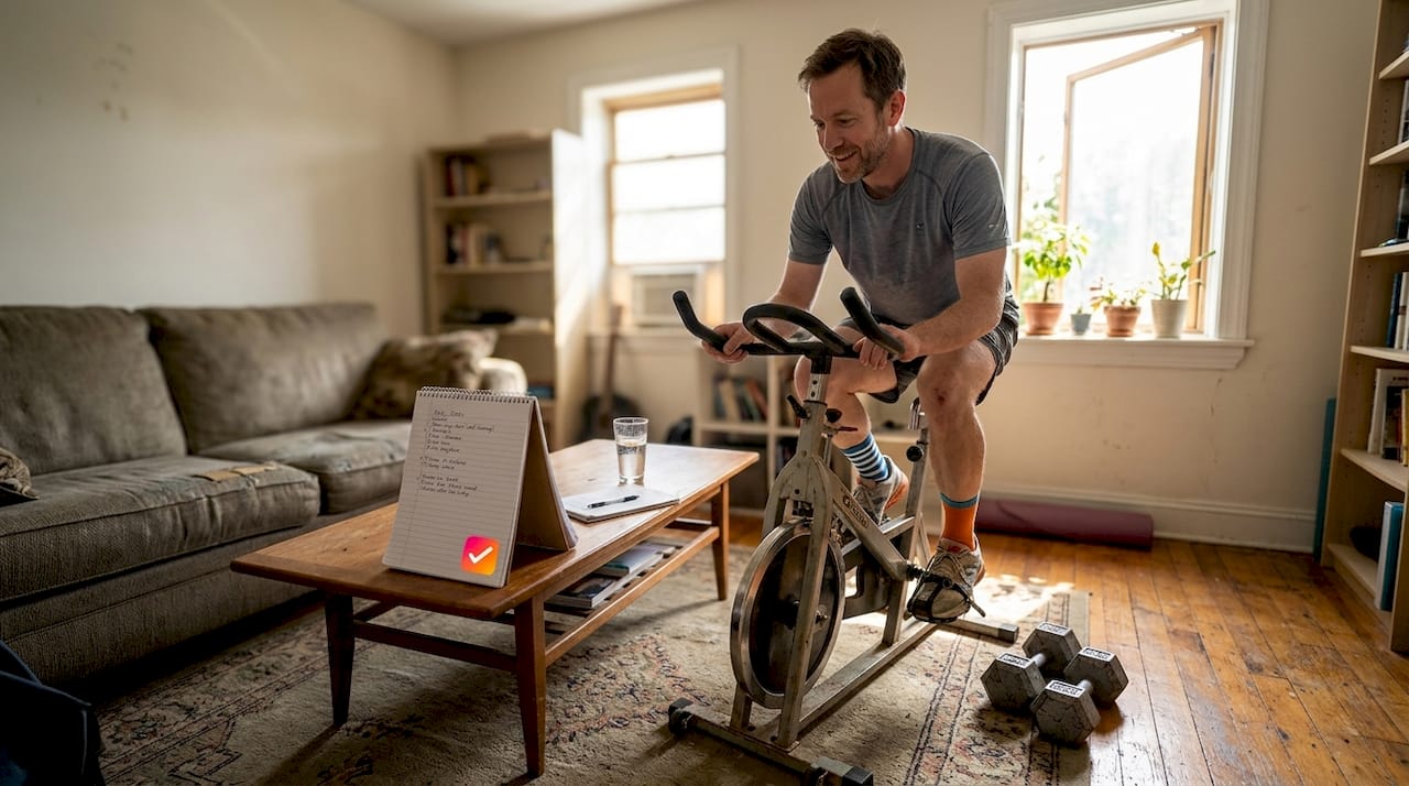 Man cycling and cross-training at home