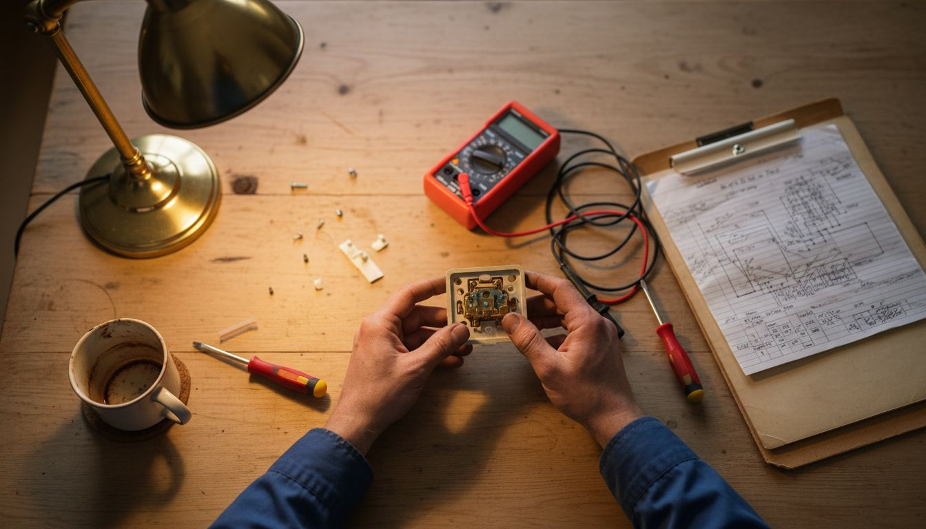 Electrician hands inspecting open socket on table