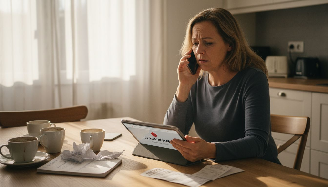 Woman navigating tradesmen language barriers at kitchen table