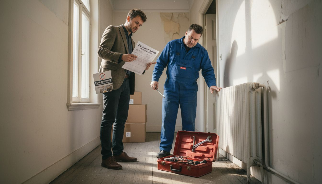 Expat and plumber discuss repair in Brussels apartment
