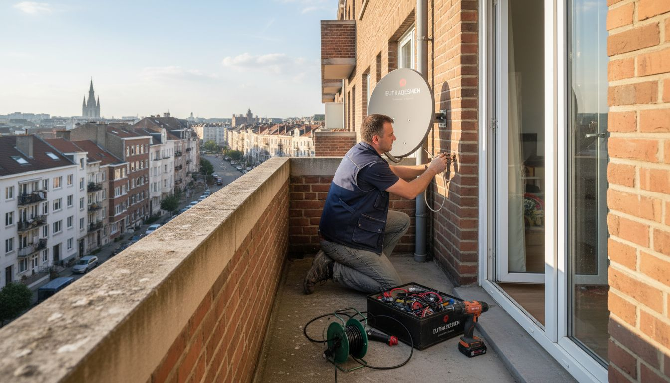 Technician installing satellite dish on Brussels balcony