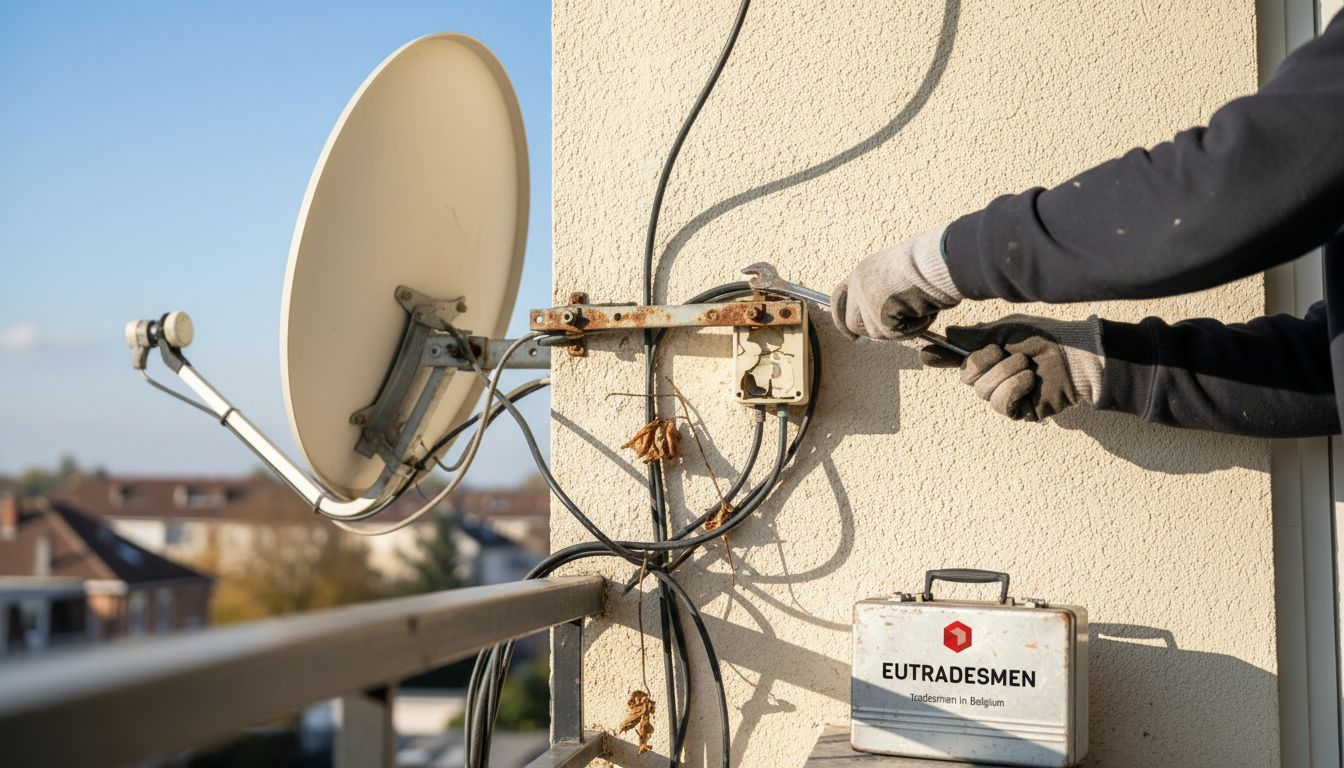 Technician repairing misaligned outdoor satellite dish