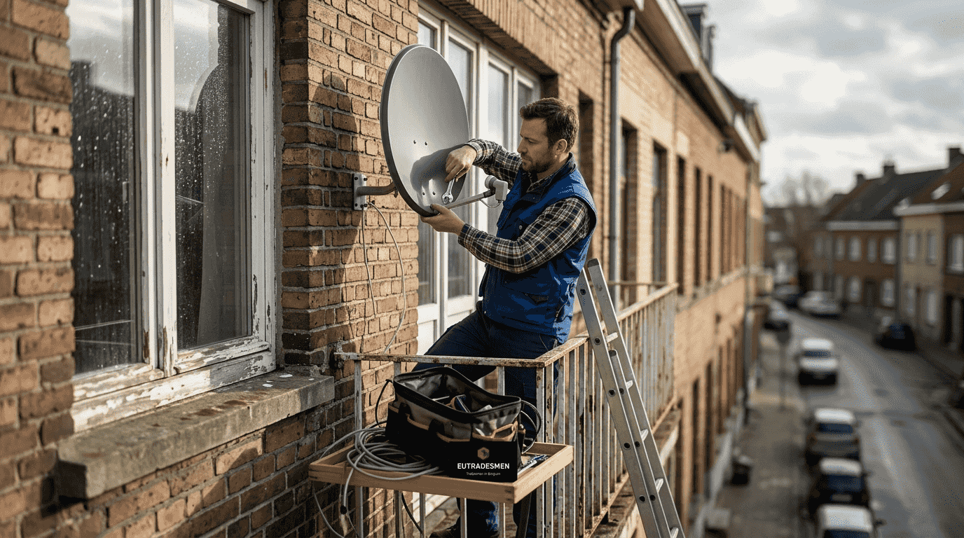Technician installing satellite dish Belgium apartment