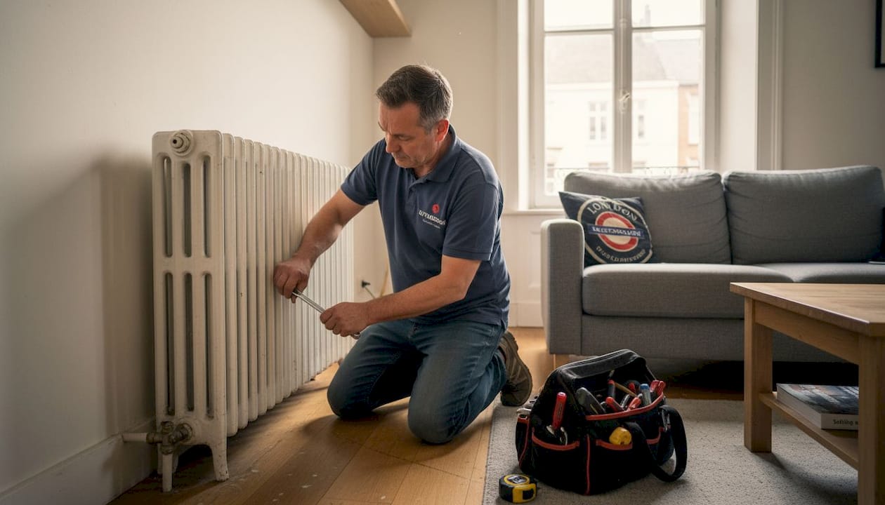 Handyman adjusting radiator in cozy expat living room