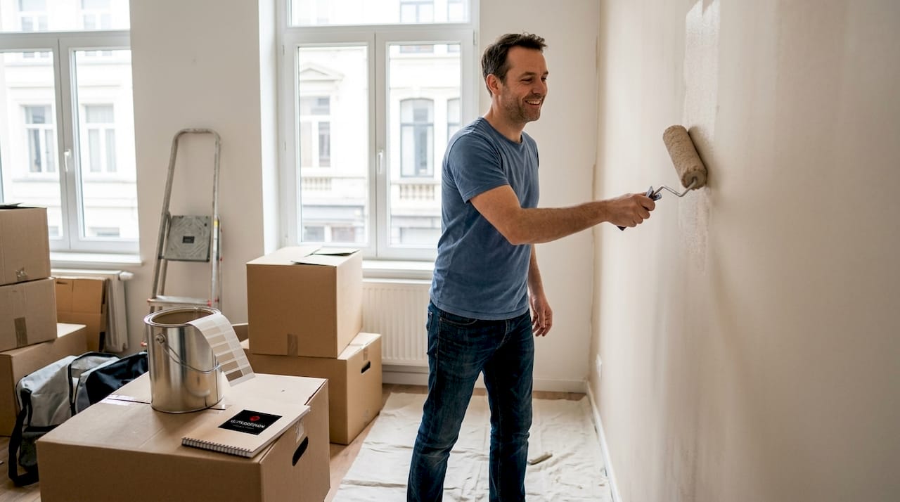Man painting wall in Brussels rental apartment