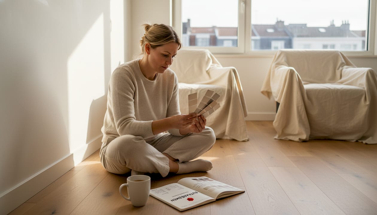 Woman comparing neutral paint color samples
