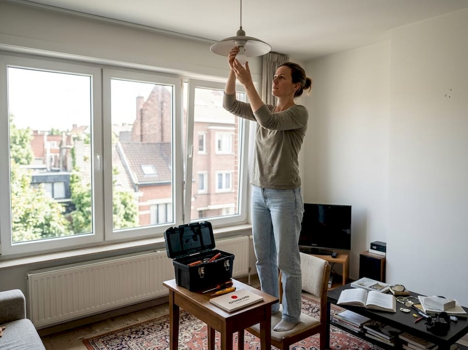 Expat woman changing light bulb in Uccle apartment
