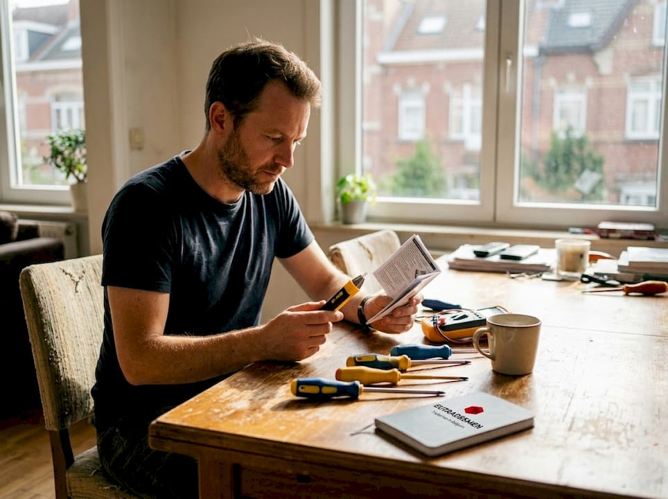 Expat checking voltage tester at kitchen table