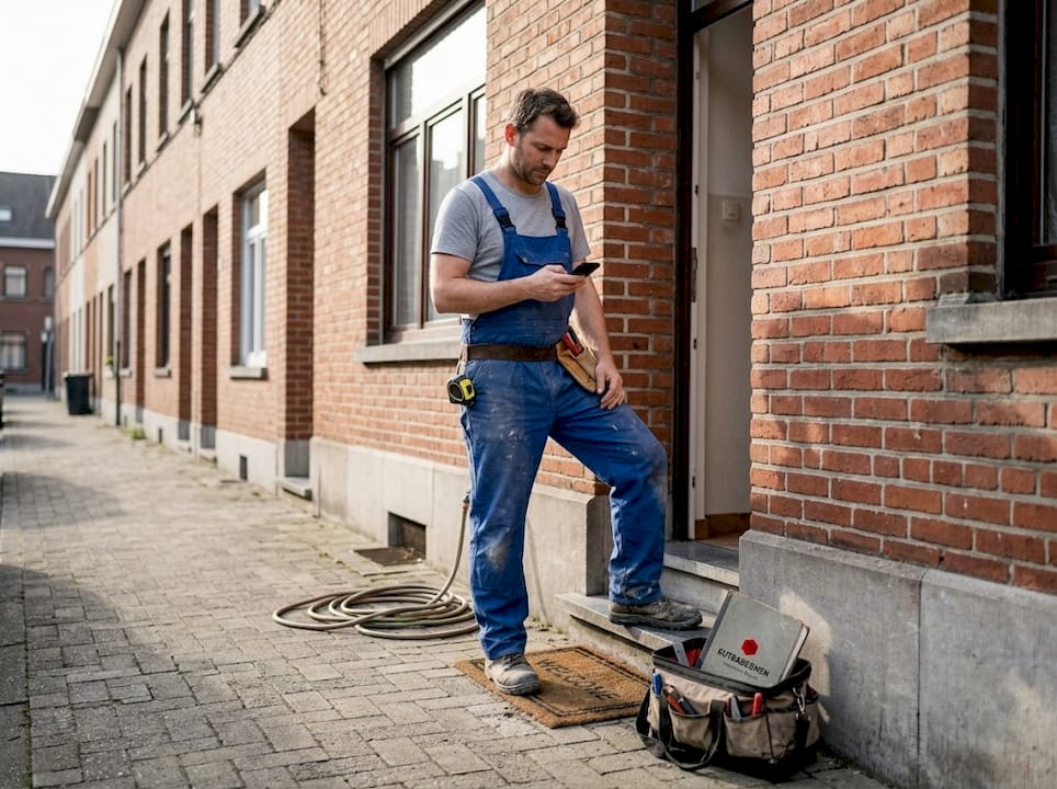 Handyman checking job list outside Waterloo home