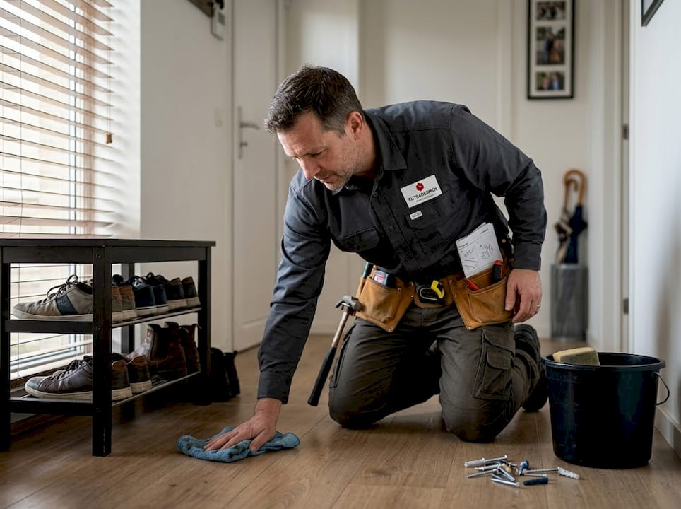 Handyman cleaning hallway after repairs