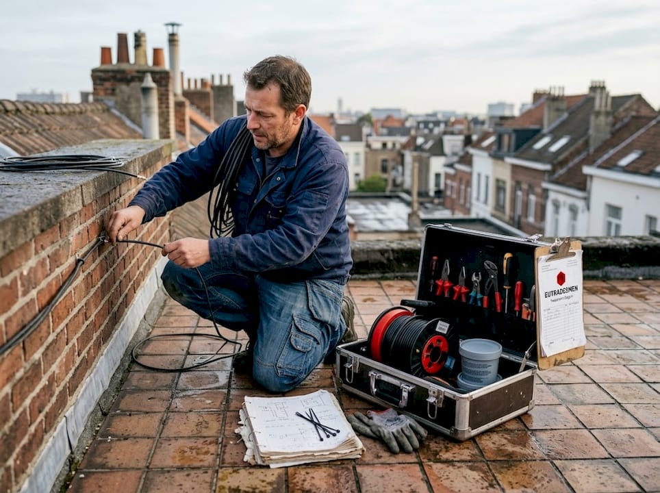 Brussels satellite TV installer working with tools