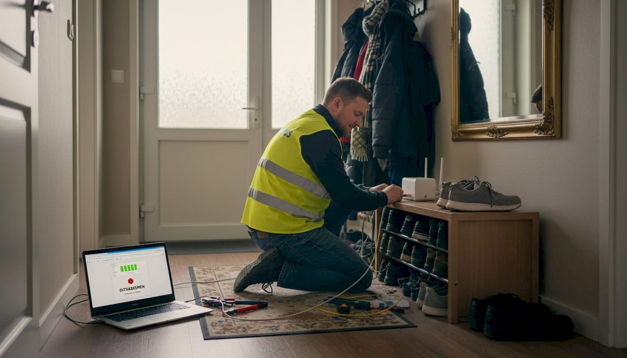 Technician installing fibre broadband in hallway