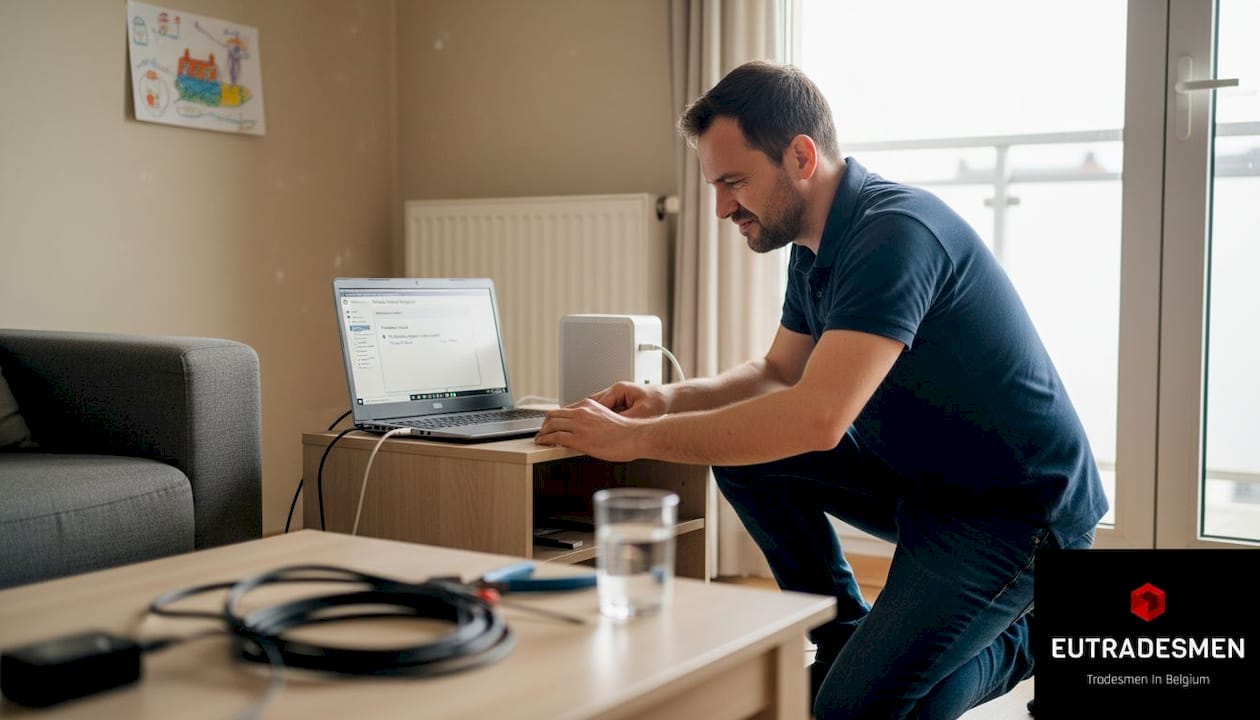 Technician repairing WiFi in Mons living room