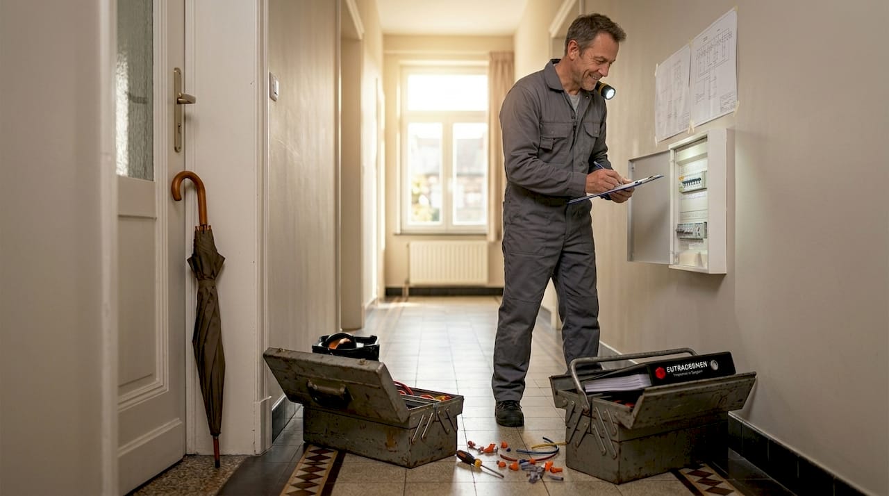 Electrician inspecting circuit panel in Brussels hallway