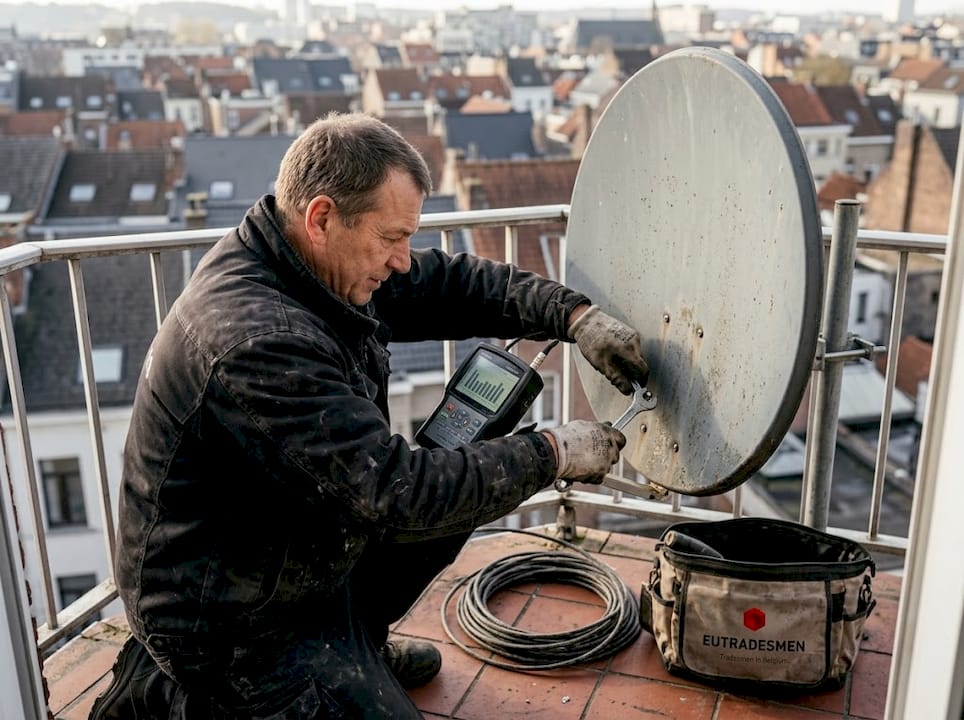 Installer aligns satellite dish in Waterloo