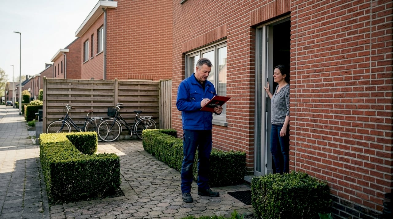 Tradesman talking to homeowner outside a Waterloo house