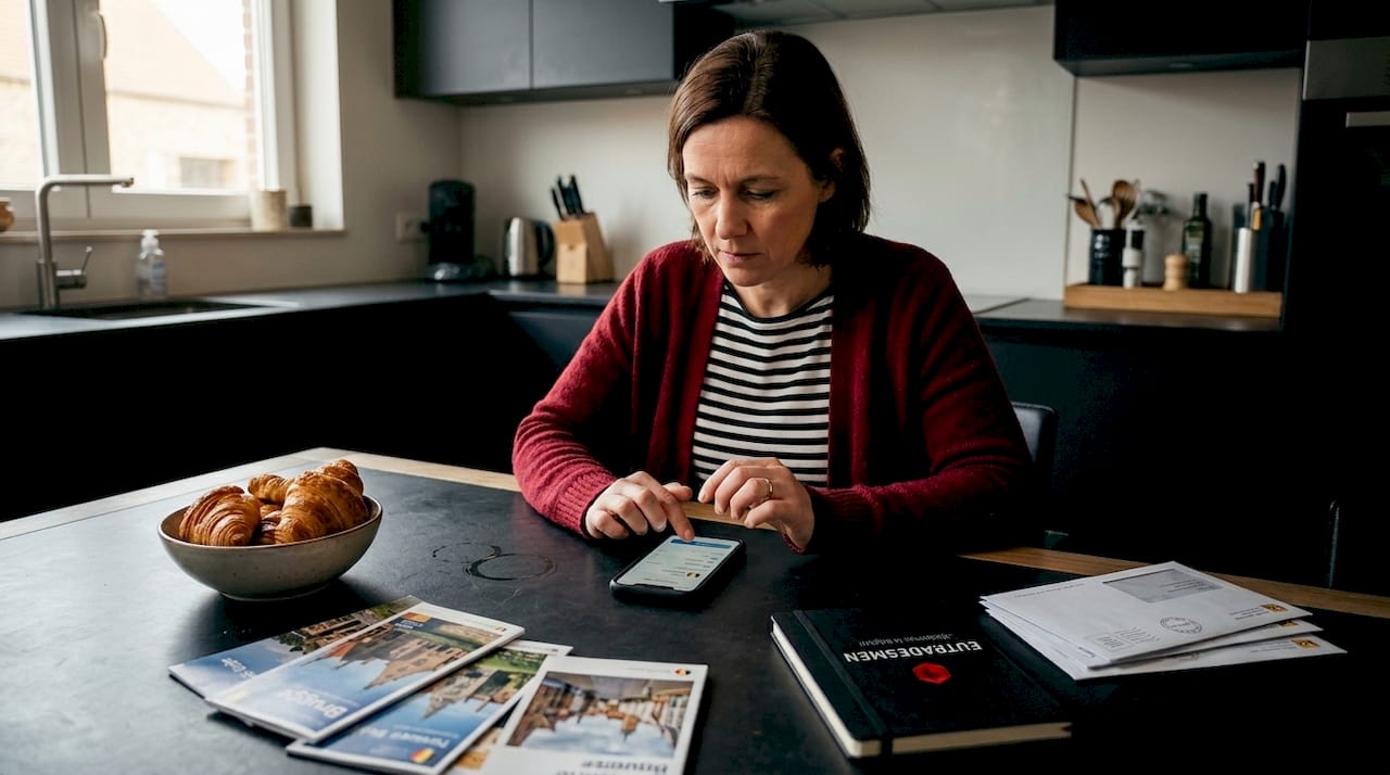 Woman setting up VPN app at kitchen table