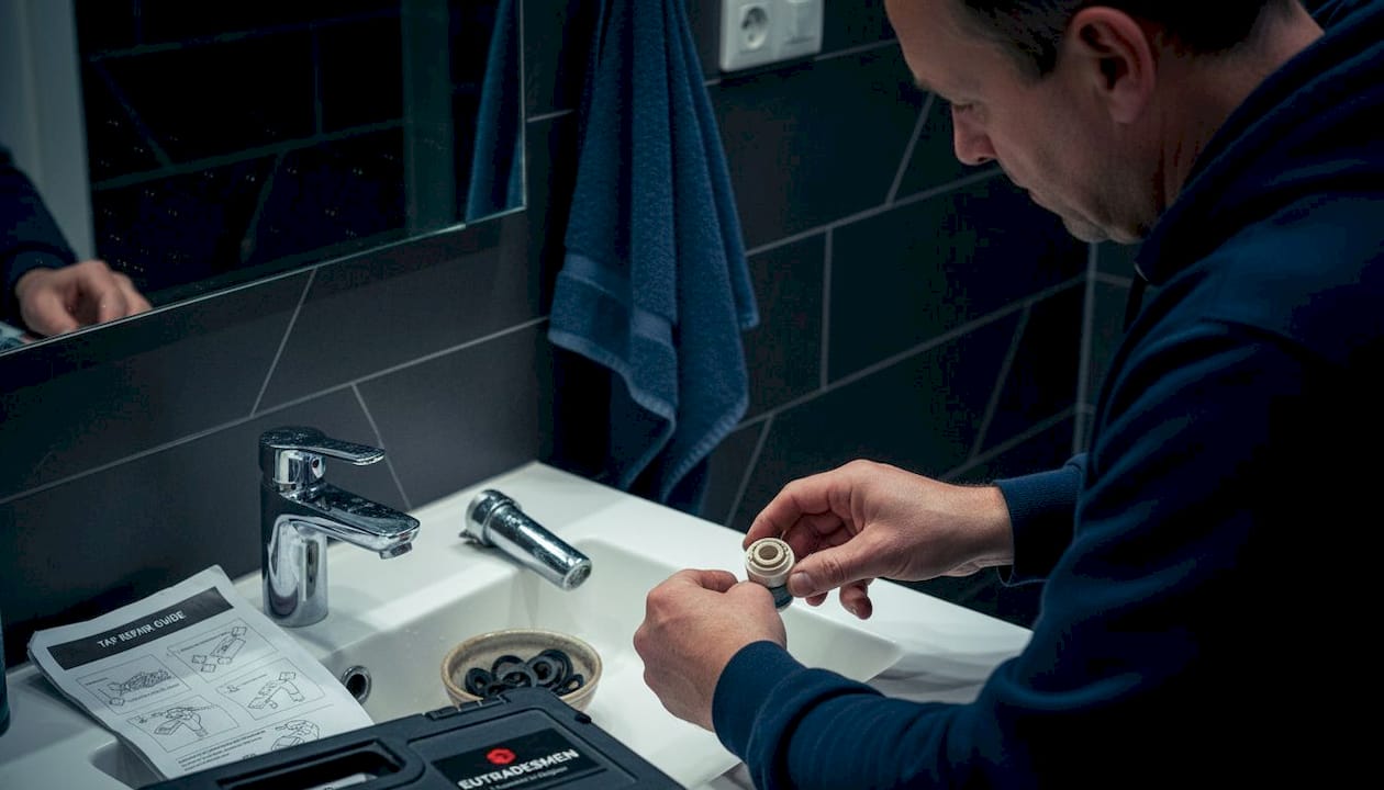 Man repairing mixer tap with ceramic disc