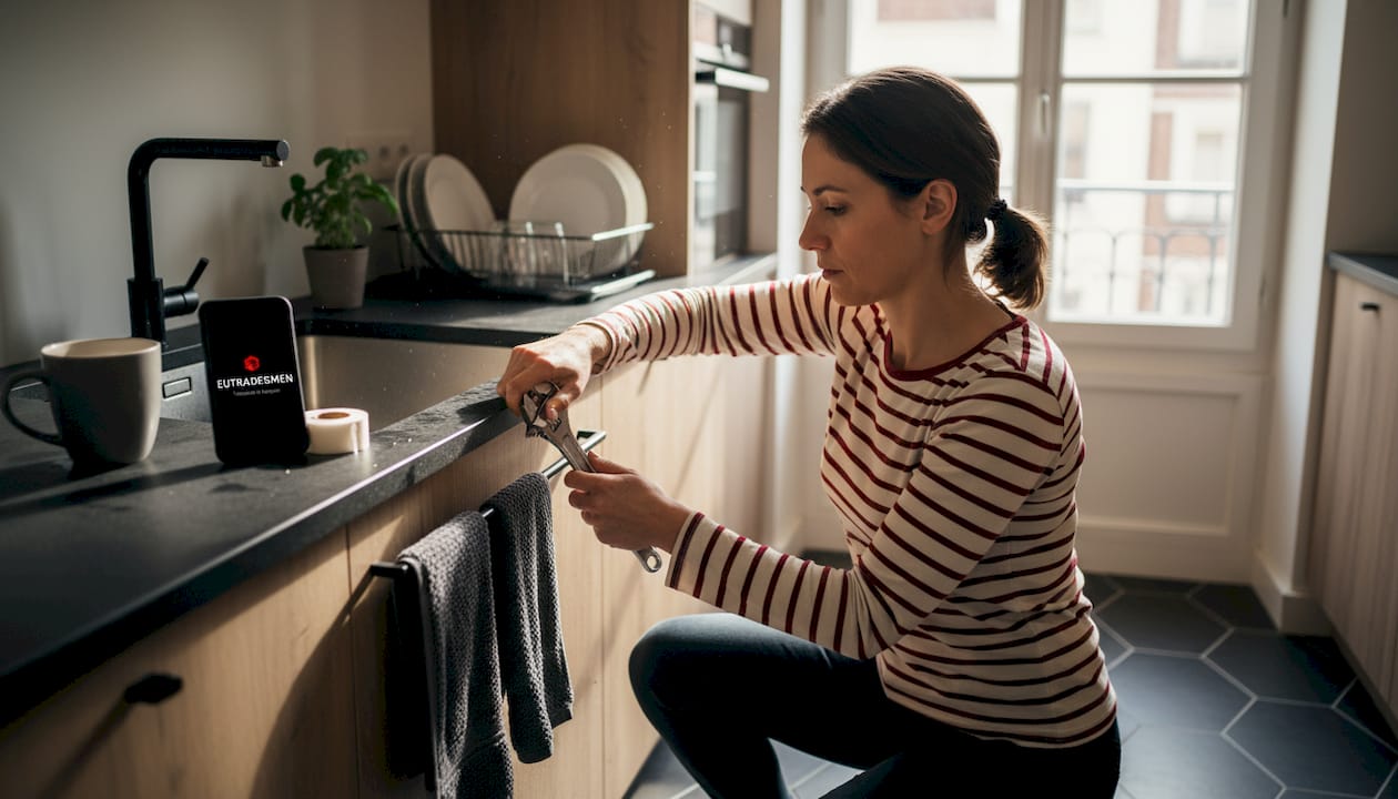 Woman repairing leaking tap in Belgian kitchen