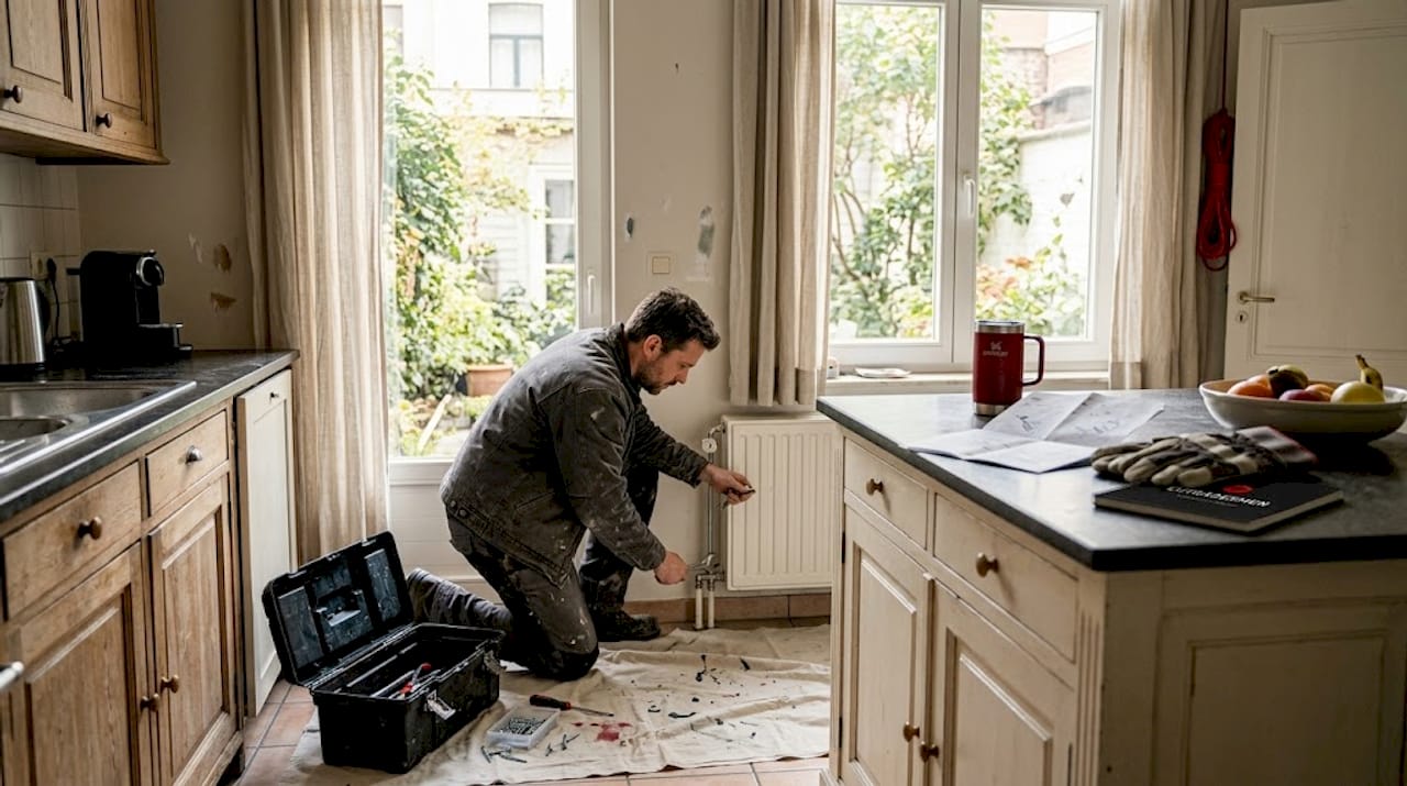 Handyman repairing radiator in Brussels apartment