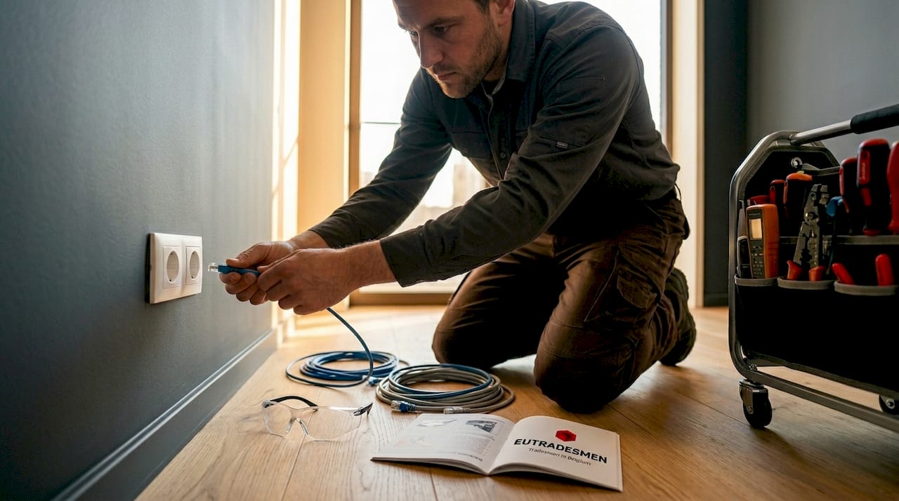 Installer connecting wired access point in apartment