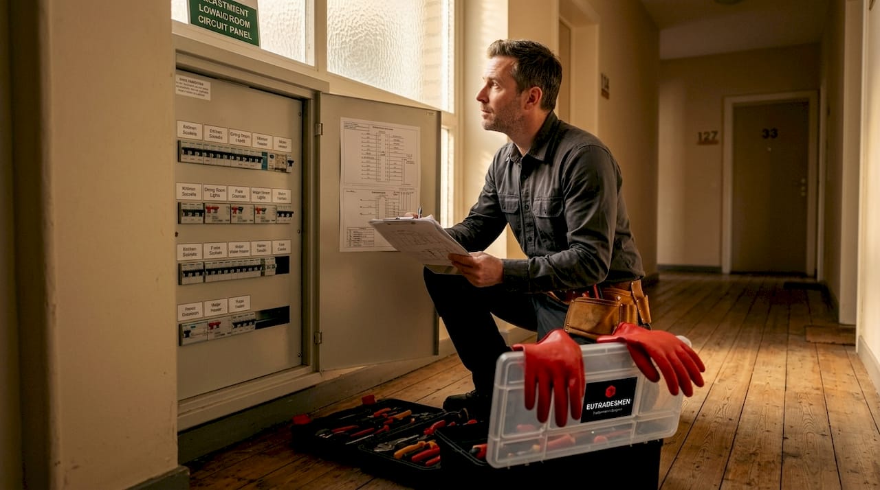 Electrician repairing fuse box in Leuven apartment hallway