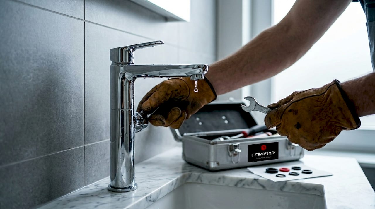 Hands fixing dripping faucet with tools