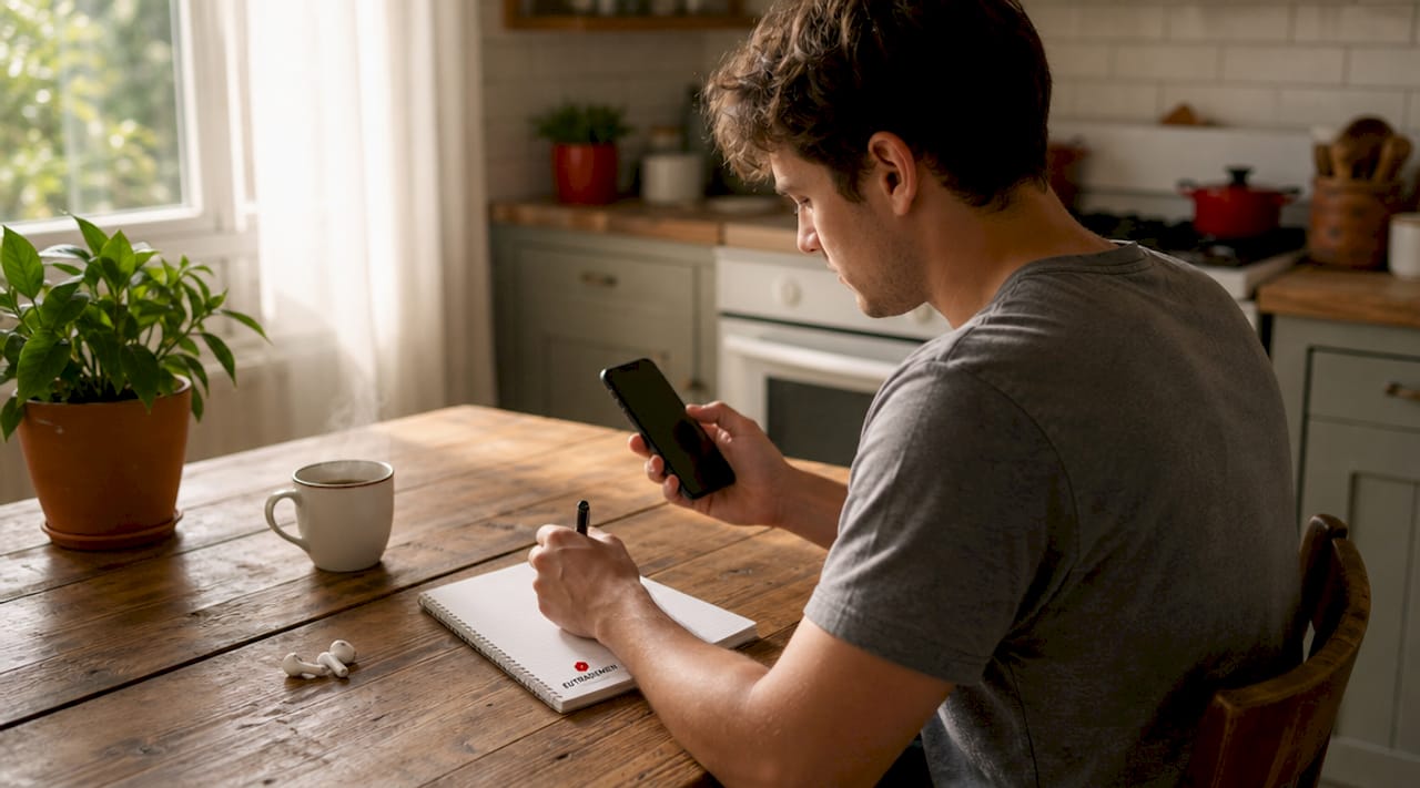 Close-up of hands holding smartphone at home