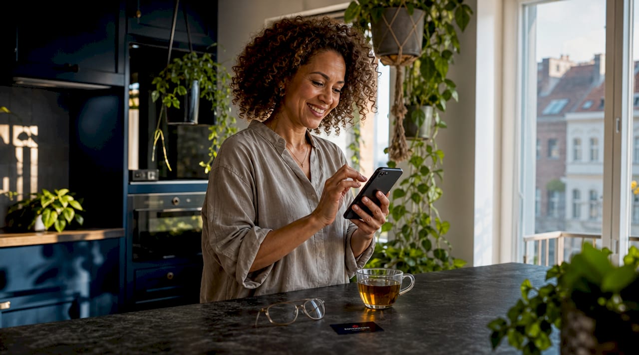 English-speaking expat booking home service on smartphone