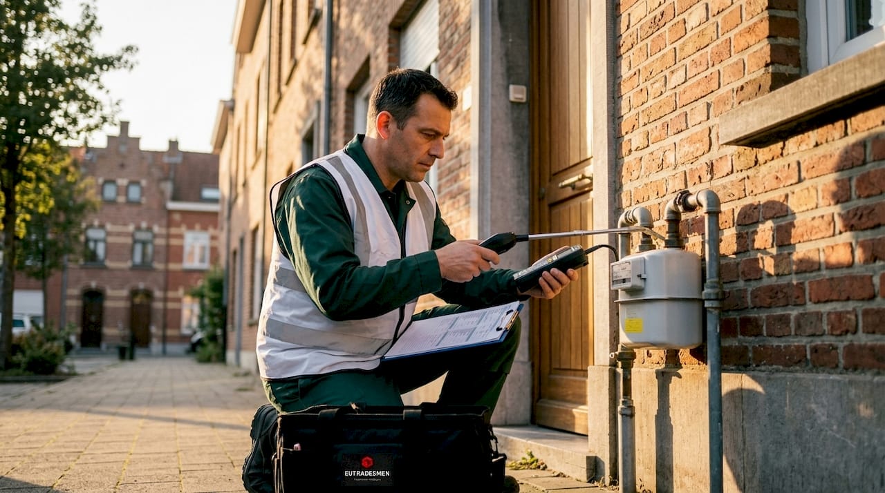 Gas inspector checking residential meter outdoors