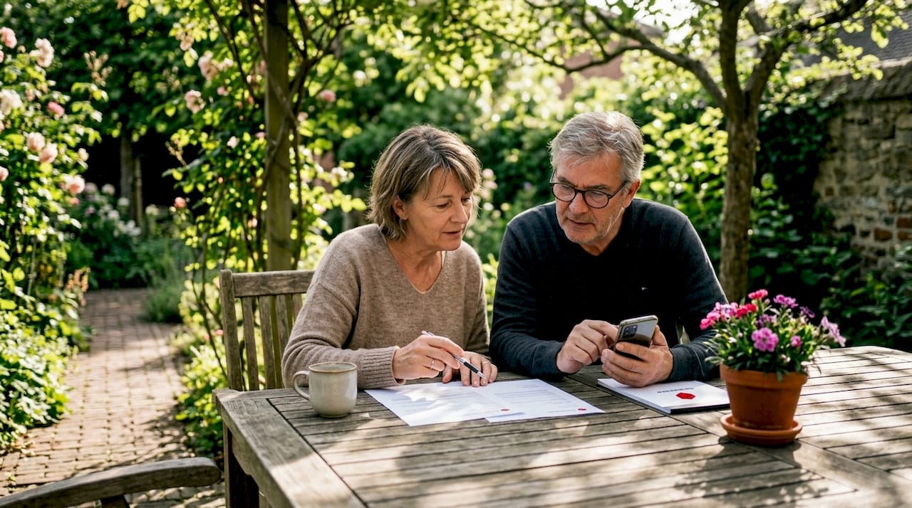 Belgian couple reviewing utility contracts at kitchen table