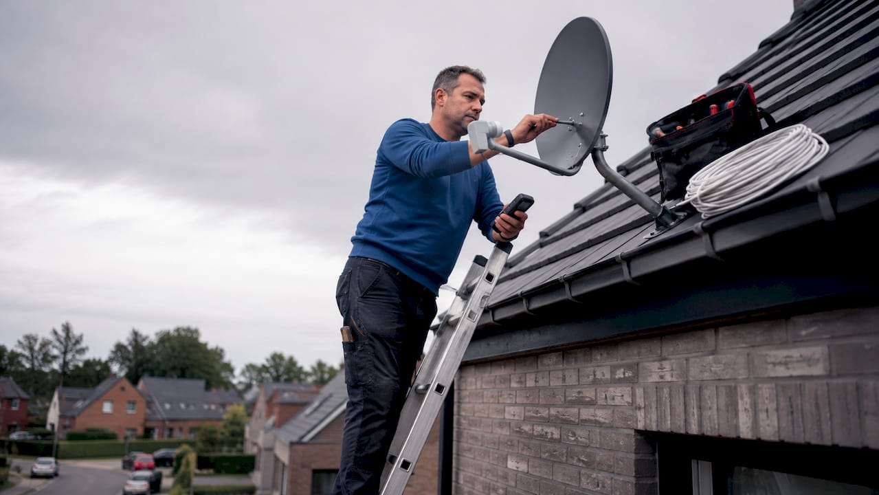 Man installing satellite dish on home exterior