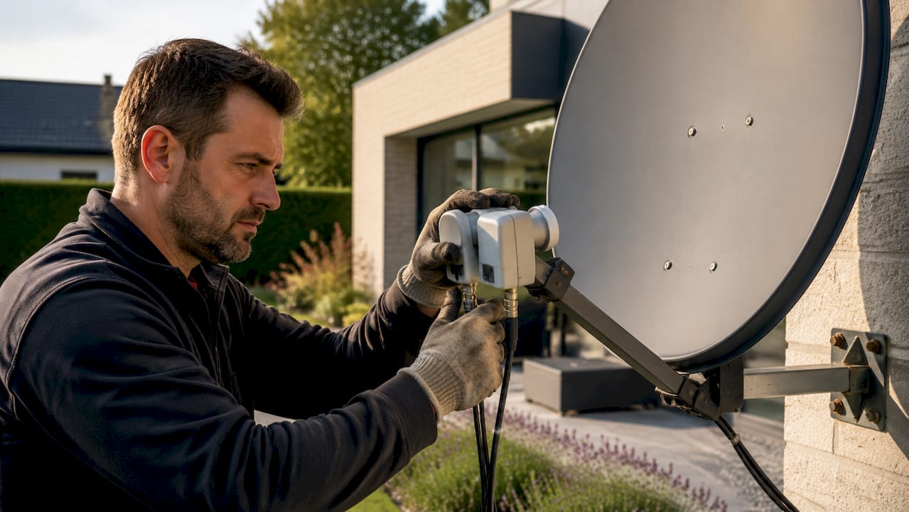 Hands connecting LNB to satellite dish outdoors