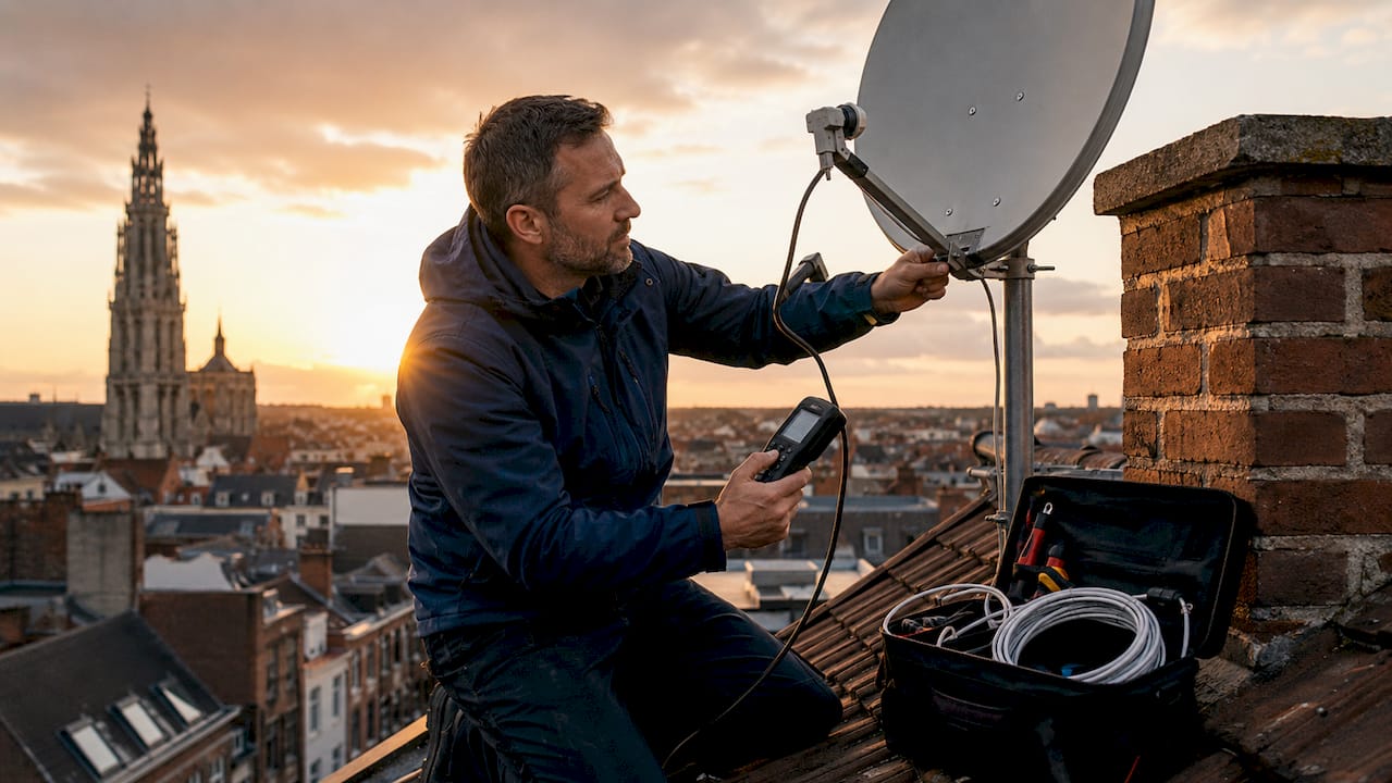 Technician adjusting satellite dish on Antwerp balcony