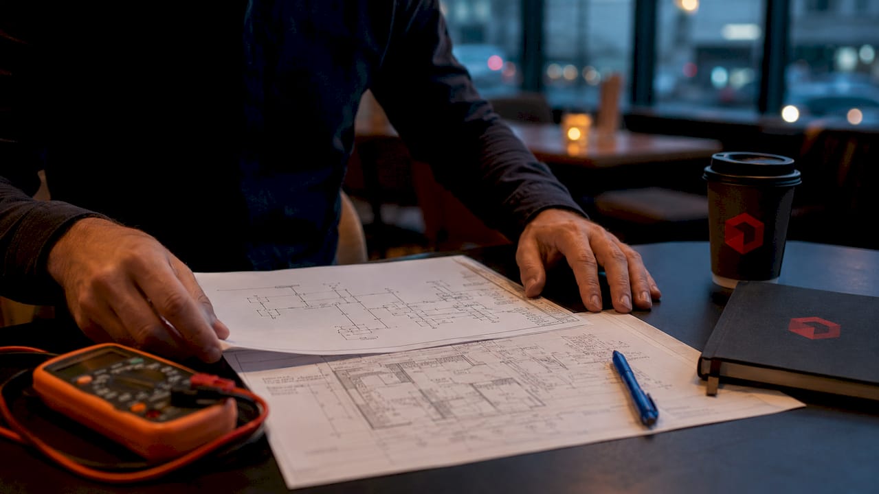 Electrician preparing wiring diagrams on desk