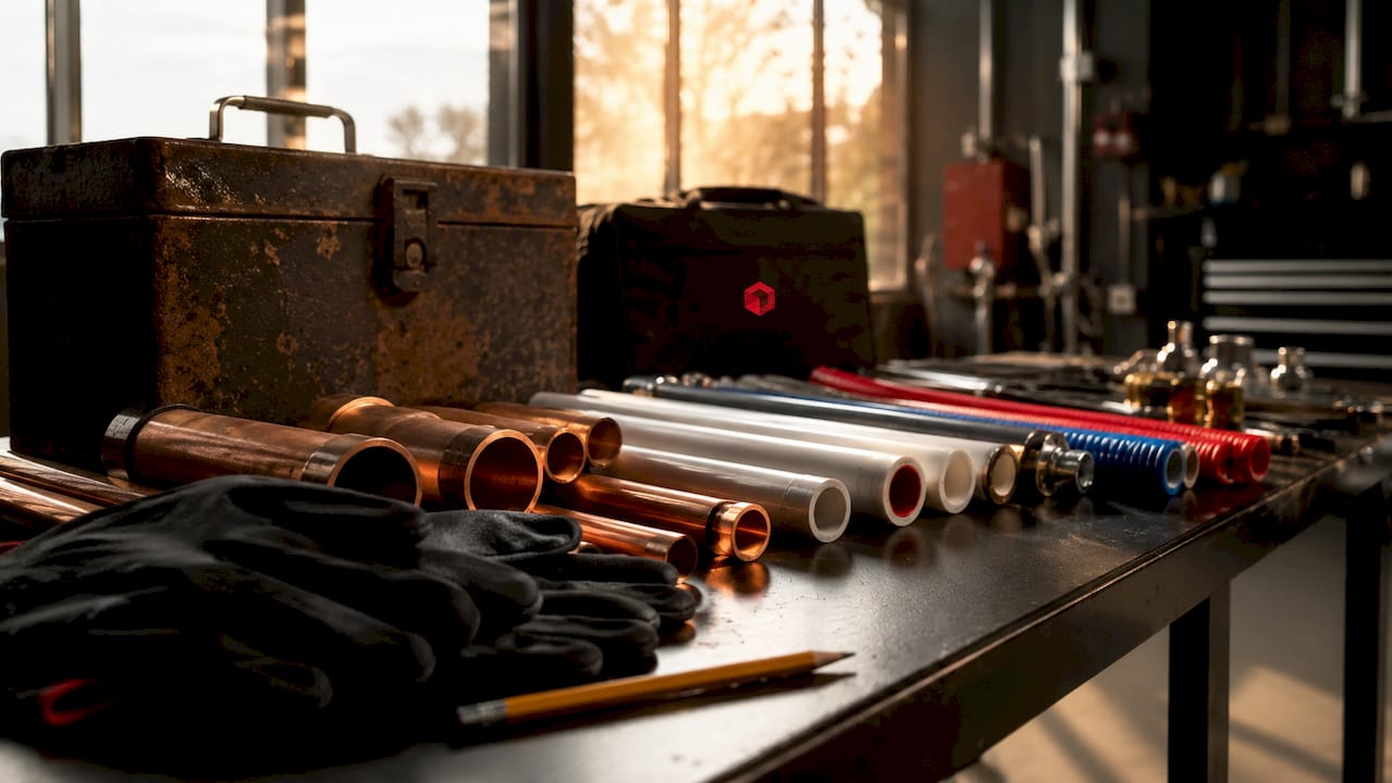 Assorted Belgian plumbing pipes and tools on workbench