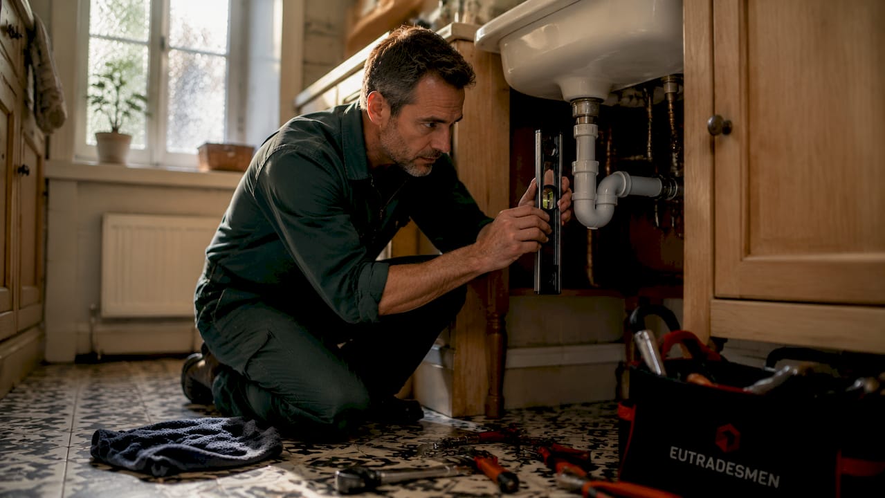 Plumber inspecting drainage pipes under kitchen sink