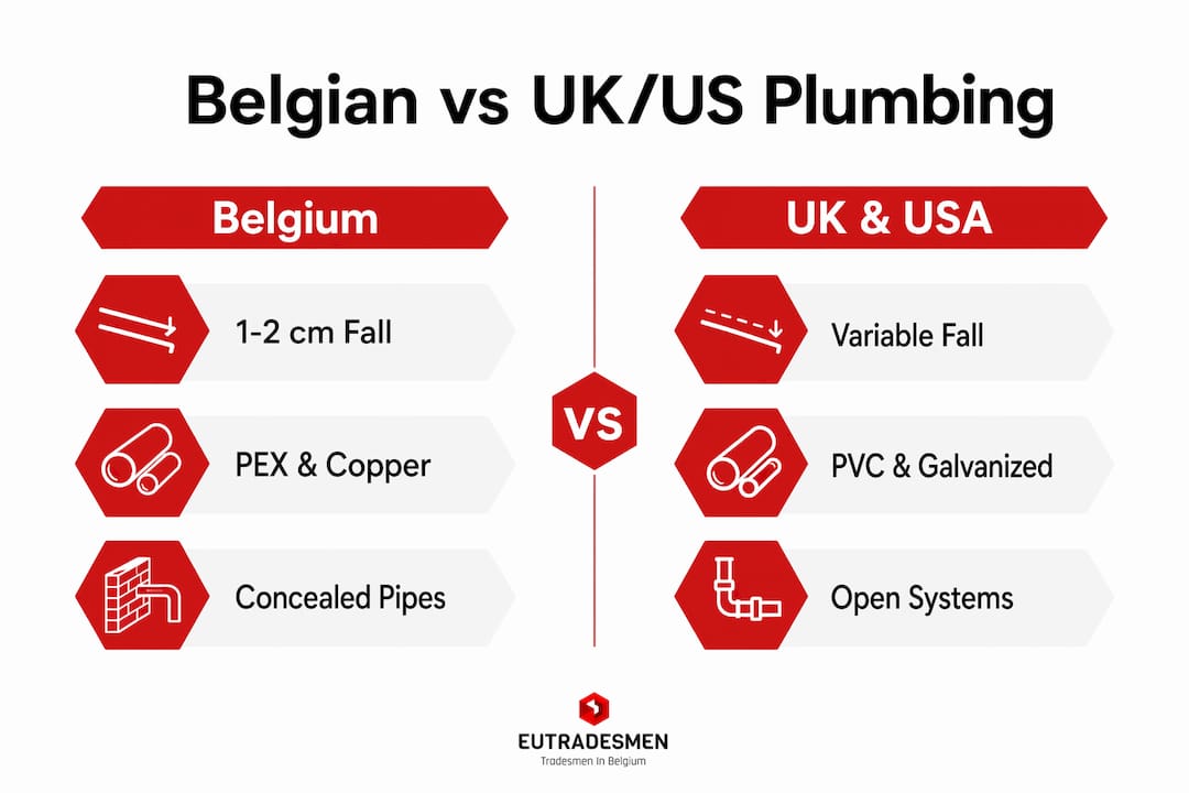 Infographic comparing Belgian and UK/US plumbing features
